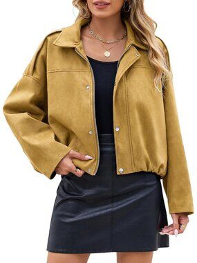 Women's Camel Faux Suede Cropped Bomber Jacket Fall Fashion Streetwear Jacket